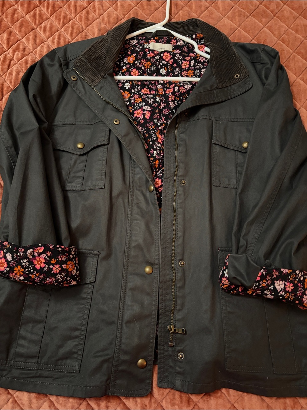 LOFT Dark Olive Utility Jacket with Floral Lining